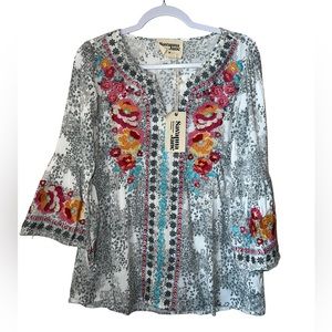Savanna Jane Boho Blue Floral Embroidered Printed Bell Sleeve Top